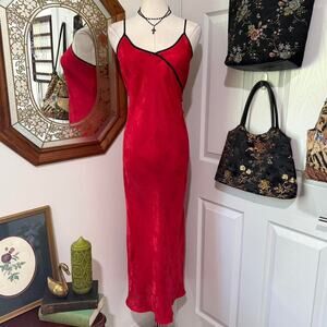 Y2K Ivy & Annabelle Red Satin Shifty Metallic Floral & Black Trimmed Maxi Slip